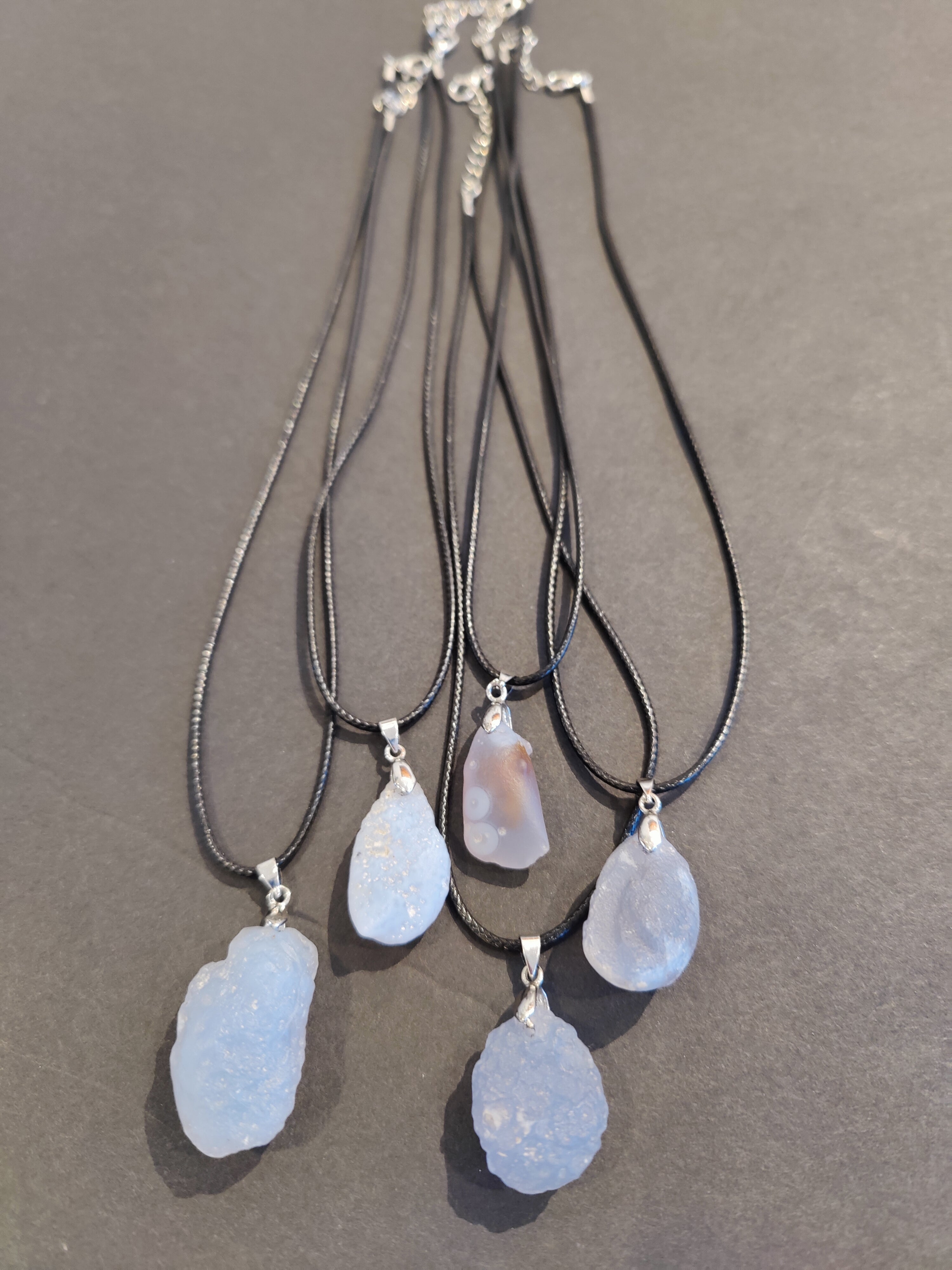 Blue Chalcedony Gobi Desert Raw Stone Pendant with Cord Necklace 18"